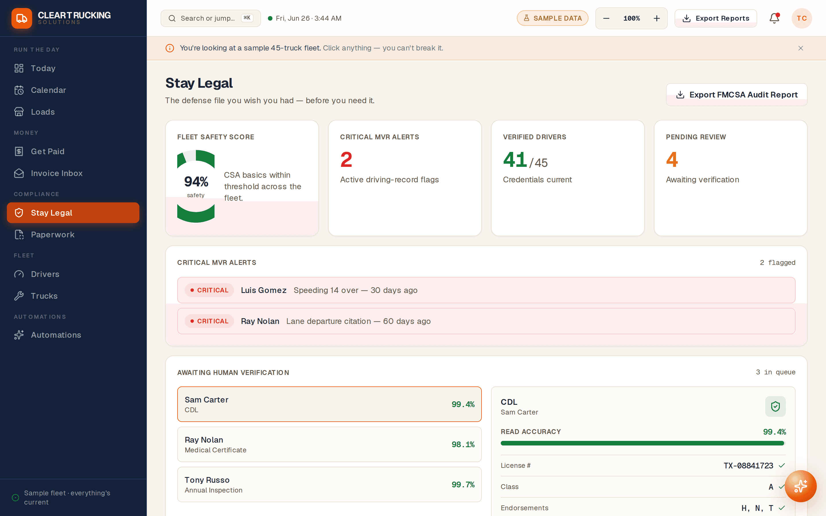Clear compliance screen — fleet safety score, MVR alerts, and driver credentials.